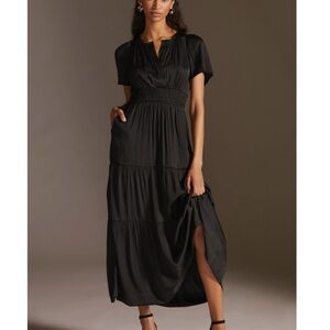 ANTHROPOLOGIE Somerset Satin Maxi Dress Women’s Size Small S, Black Satin Sheen